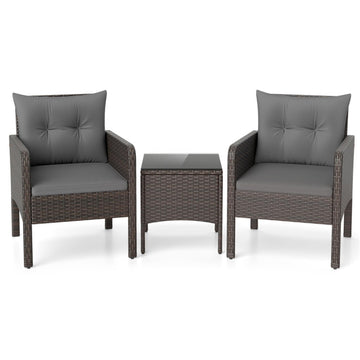 Gray 3 Pieces Patio PE Wicker Furniture Set with Cushions for Porch and Balcony- 250-in W x 290-in D x 230-in H