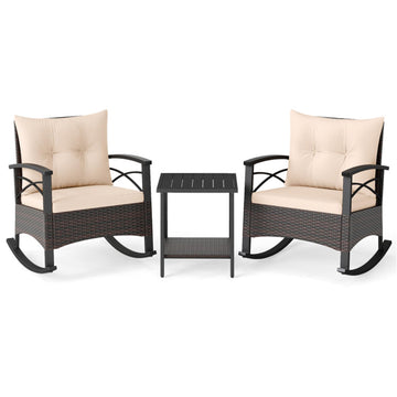 Beige 3 Piece Rocking Bistro Set PE Rattan Rocker Chairs with Acacia Wood Top Table 31-in L x 29-in W x 25.5-in H