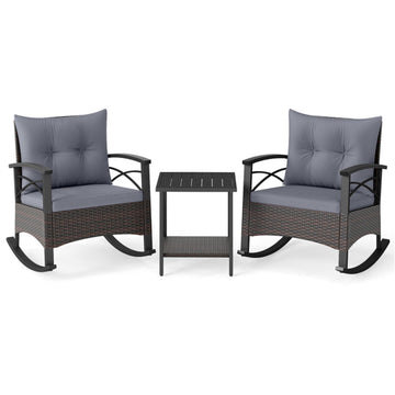 Gray 3 Piece Rocking Bistro Set PE Rattan Rocker Chairs with Acacia Wood Top Table- 290-in W x 310-in D x 255-in H