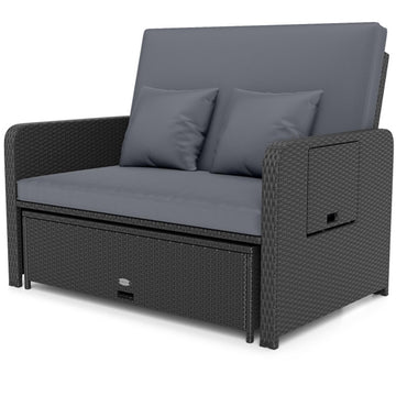 Gray PE Wicker Outdoor Daybed with 4Level Adjustable Backrest and Storage Ottoman 48-in L x 43.5-in W x 35-in H