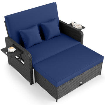 Navy PE Wicker Outdoor Daybed with 4Level Adjustable Backrest and Storage Ottoman 48-in L x 43.5-in W x 35-in H