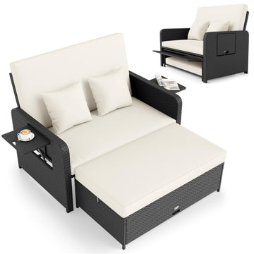 White PE Wicker Outdoor Daybed with 4-Level Adjustable Backrest and Storage Ottoman 65-in L x 48.0-in W x 43.5-in H