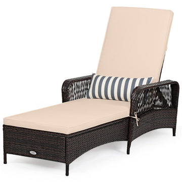 Beige Outdoor Patio Wicker Chaise Lounge Chair with Adjustable Backrest and Pillow 79.0in L x 40.0in W x 29.0in H