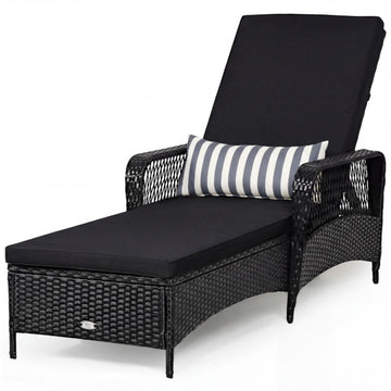 Black Patio Wicker Chaise Lounge Chair with Pillow and Adjustable Backrest with Cushion 79.0in L x 40.0in W x 29.0...