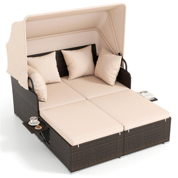 Beige Outdoor Patio Rattan Daybed with Retractable Canopy and Side Tables 65-in L x 60.5-in W x 54.5-in H