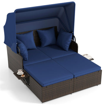 Navy Outdoor Patio Rattan Daybed with Retractable Canopy and Side Tables 65-in L x 60.5-in W x 54.5-in H