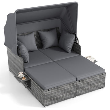 Gray Patio Rattan Daybed with Retractable Canopy and Side Tables 65-in L x 60.5-in W x 54.5-in H