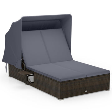 Gray Patio Double Chaise Lounge 87.0-in L x 52.0-in W x 46.0-in H with Shade and Side Trays