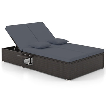 Gray Patio Double Chaise Lounge with Cushions and Folding Side Trays 76.0in L x 43.0in W x 38.0in H