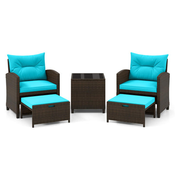Turquoise 5 Pieces Patio Rattan Furniture with 2 Ottomans and Tempered Glass Coffee Table-Turquoise 260-in W x 300-in D