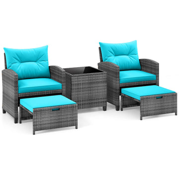 Turquoise 5 Piece Patio Rattan Furniture with 2 Ottomans and Tempered Glass Coffee Table-Turquoise 260-in W x 300-in D
