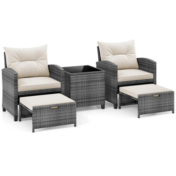 White 5 Piece Patio Rattan Furniture with 2 Ottomans and Tempered Glass Coffee Table- 260-in W x 300-in D x 250-in H