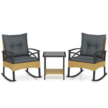 Gray 3 Pieces Outdoor Rattan Rocking Chairs Set with 2-Tier Side Table for Garden Backyard- 280-in W x 325-in D x