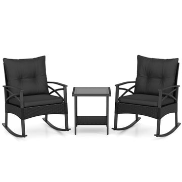 Black 3 Pieces Outdoor Rattan Rocking Chairs Set with 2-Tier Side Table for Garden Backyard- 280-in W x 323-in D x 200-in H