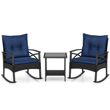 Navy 3 Pieces Outdoor Rattan Rocking Chairs Set with 2-Tier Side Table for Garden Backyard-Navy 280-in W x 323-in