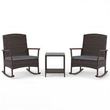 Gray 3 Piece Patio Rocking Set Wicker Rocking Chairs with 2-Tier Coffee Table- 275-in W x 340-in D x 255-in H