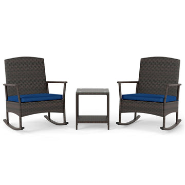 Navy 3 Piece Patio Rocking Set Wicker Rocking Chairs with 2-Tier Coffee Table-Navy 275-in W x 340-in D x 255-in H