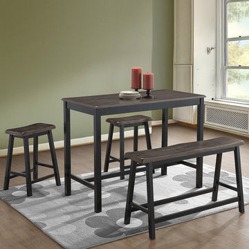 4 Piece Solid Wood Counter Height Dining Table Set in Coffee with 1 bench and 2 saddle stools
