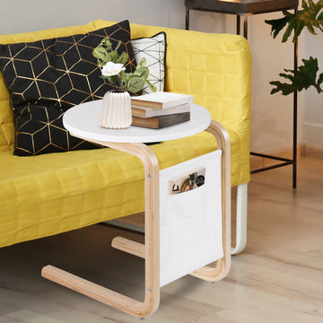 White Wood Sofa Side Table Square Top with Storage Bag and Table Top