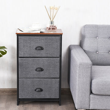 Narrow Black Nightstand with 3 Fabric Drawers and Brown Wood Top