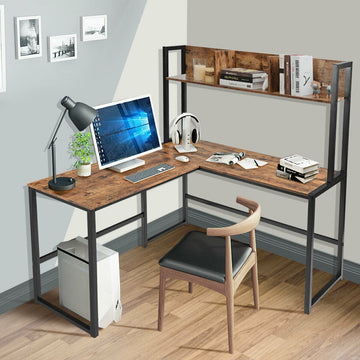 Brown Reversible L-Shaped Corner Desk with Open Storage Bookshelf