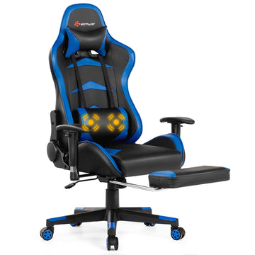 Blue Massage Comfortable Leather Adjustable Recline Gaming Chair with Footrest and USB Charging