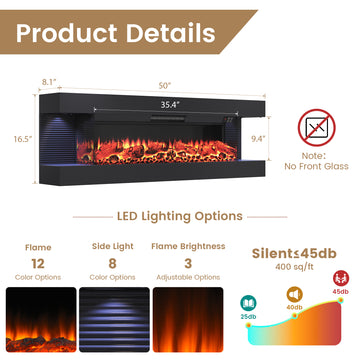 Modern 50 Inch Wall Mounted Electric Fireplace with 3 Sided LED Mantel and Remote Control