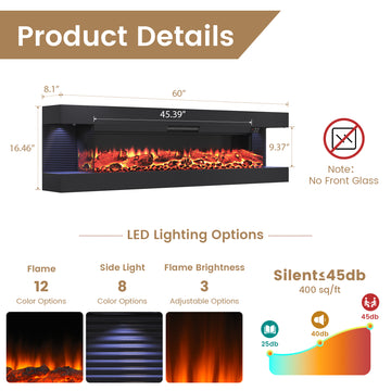 Modern 60 Inch Wall Mounted Electric Fireplace with 3 Sided LED Mantel and Remote Control