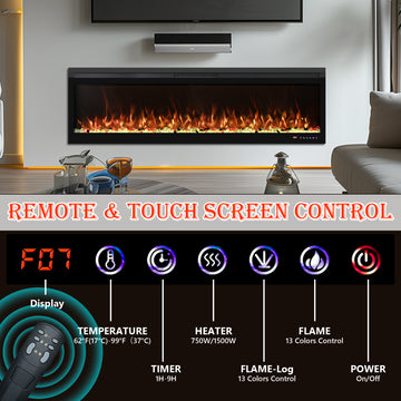 Red 60 Inch BIR Electric Fireplace 5100 BTU 750W/1500W 13 Flame Colors 3-Color Spot Light 1-9H Timer