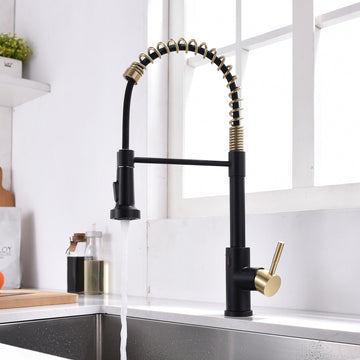 Matte Black and Brushed Gold Single Handle Touchless Sensor Gooseneck Pull Down Sprayer Kitchen Faucet