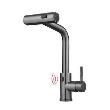 Gun Grey Finish Touchless Sensor Pull Out Kitchen Faucet Waterfall Style with Dual Modes