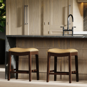 26 Inch Counter Height Wood Barstool with Tan Faux Leather Seat and Footrest