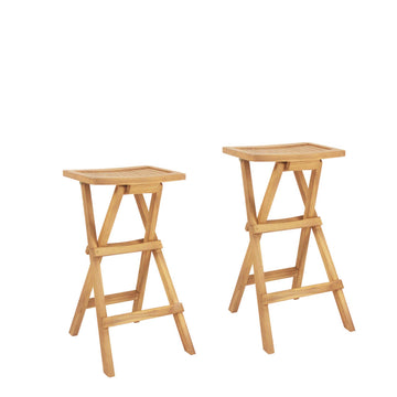 Set of 2 Folding Teak Wood Bar Stools with Saddle Seat