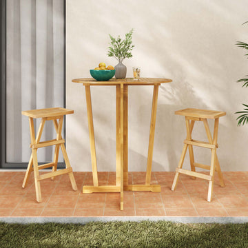 Set of 2 Folding Teak Wood Bar Stools with Saddle Seat