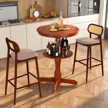 2-Tier Round Bar Table with Rubber Wood and Pedestal Base