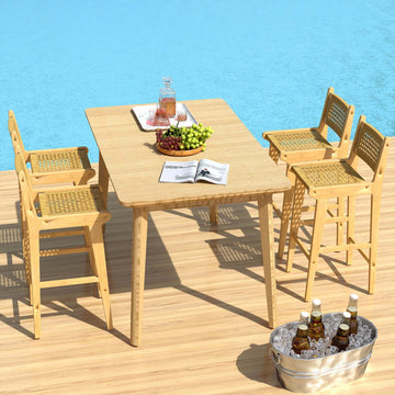 Teak Wood Bar Stool with PE Rattan Backrest and Footrest