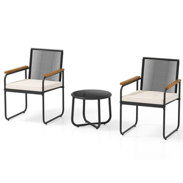 White 3 Pieces Patio Furniture Set PE Rattan Porch Chairs with Round Tempered Glass Top Table- 255-in W x 310-in D