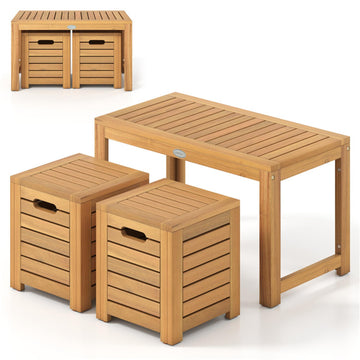 Brown Acacia Wood Outdoor Coffee Table with Stools Set of 2 3 Pieces Patio Table and Stools Set 180-in W x 315-in D