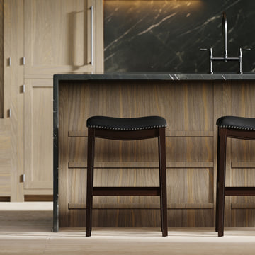 31 Inch Bar Height Wood Barstool with Black Faux Leather Seat and Footrest