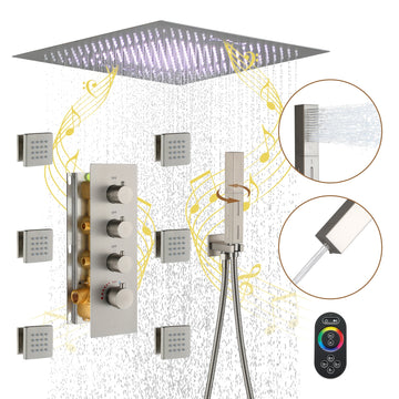 3 Functions Luxury Shower System 64 Color Changeable LED Ceiling Shower Head with Handheld Shower and Body Jets, Brushed Nickel