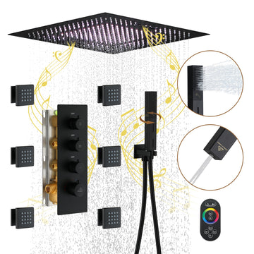 3 Functions Luxury Shower System 64 Color Changeable LED Ceiling Shower Head with Handheld Shower and Body Jets, Matte Black