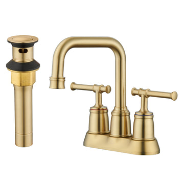 2 Handle Bathroom Sink Faucet, 4-Inch Centerset Bathroom Sink Faucet with Pop Up Drain and Water Supply Lines Bathroom Faucet, Brushed Gold