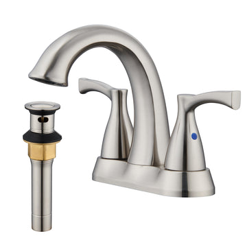 Brushed Nickel Two Handle 4-Inch Centerset Bathroom Faucet with Drain Assembly 3 Hole Lavatory Faucet Bathroom Vanity Sink Faucets with Pop-up Drain