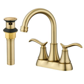 4 Inch 2-Handle Centerset Bathroom Sink Faucet with Drain Assembly and Supply Hose cUPC Lavatory Faucet Mixer Double Handle Tap Deck Mounted Brushed Gold