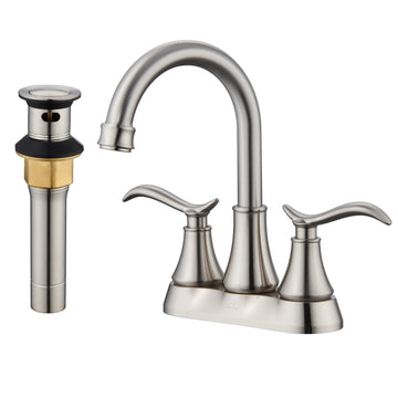 4 Inch 2-Handle Centerset Bathroom Sink Faucet with Drain Assembly and Supply Hose cUPC Lavatory Faucet Mixer Double Handle Tap Deck Mounted Brushed Nickel