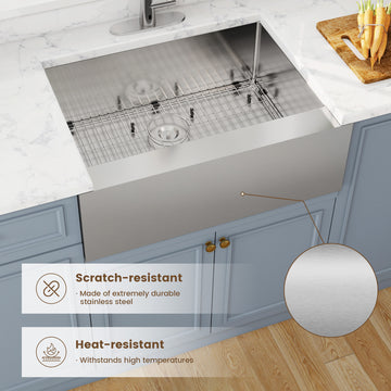 Farmhouse Apron-Front Stainless Steel Kitchen Sink with Bottom Grid and Strainer Basket