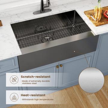Farmhouse Apron-Front Stainless Steel Kitchen Sink with Bottom Grid and Strainer Basket