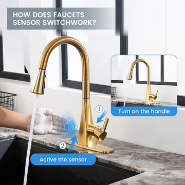 Brushed Gold Stainless Steel Pull-Down Kitchen Faucet with Sprayer & Sensor