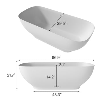 67 in. x 30 in. Solid Surface Stone Resin Freestanding Soaking Bathtub with Center Drain, Drainer, Hose in Matte White