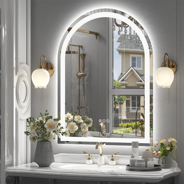 Arched Frontlit Glass Bathroom Vanity Mirror with Dimmable LED Lights and Fog-Free Function 24-in x 32-in